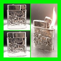 Unique Vintage Silver Push Button Mylflam Table Lighter Farming Motif - ... - £122.95 GBP