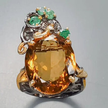 Large Citrine 30ct and Emerald Ring 925 Size 8.5 - $74.77
