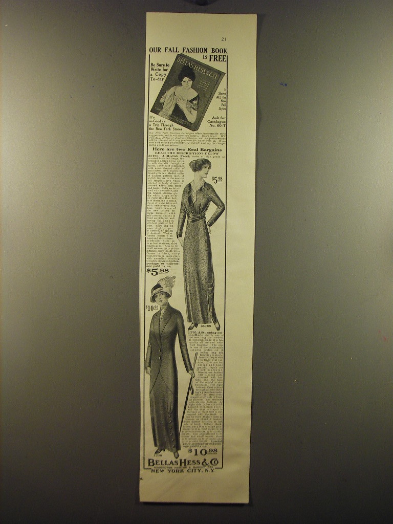 1913 Bellas Hess Modish Frock and Tailor-Made Suit Ad - Our fall fashion - $18.49