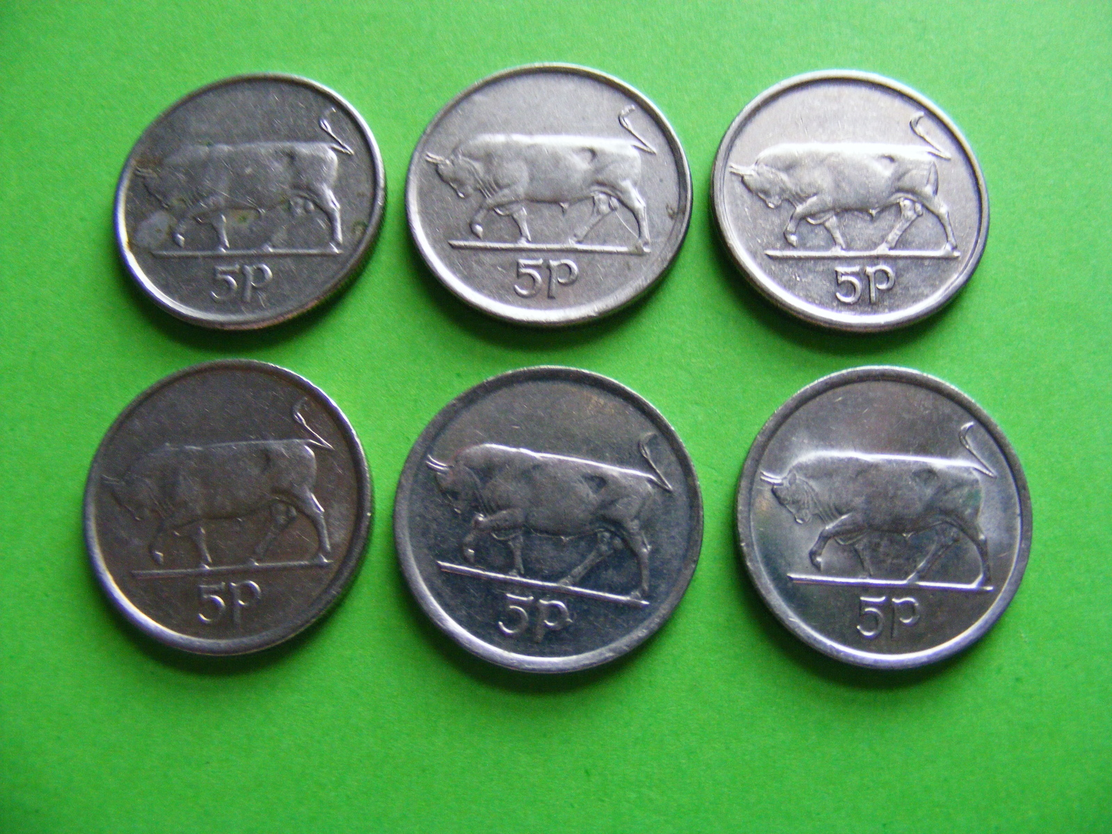 Lot Of Six Different Irish Decimal Five Pence Coins - Charging Bull - Ireland - $13.49