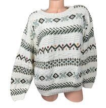 Vintage LL Bean Knit Sweater Womens L Ivory Green Fair Isle Pullover Chu... - $58.40