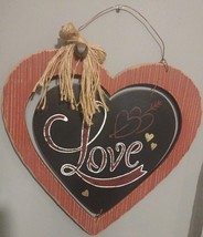 Farmhouse Bedroom Wall Decor Wooden &amp; Chalkboard Heart Twine Bow W/ Bell - $14.01