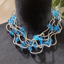 Women Fashion Multistrand Silver Wire Blue Rhinestones Beaded Collar Necklace - £23.79 GBP