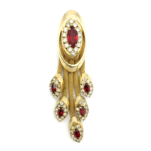 GOLD MESH &amp; red rhinestone vintage pendant - unsigned HOBÉ? marquise dro... - £31.69 GBP