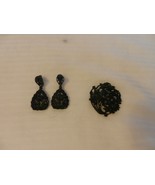 Vintage Black Metal Lattice Style Broach With Teardrop Clip On Earrings - $47.50