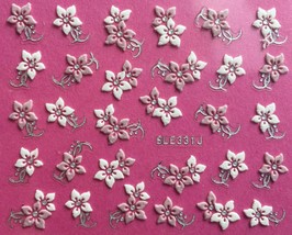 Nail Art 3D Decal Stickers Flowers White &amp; Pink Silver Accents BLE331J - £2.54 GBP