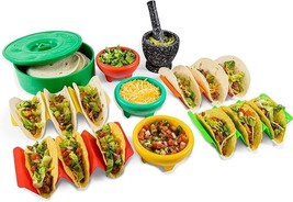 9Pcs Taco Complete Set Tortilla Warmer Salsa Bowls Shell Holders Mortar ... - $40.56