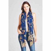 Birds and Cherry Blossom Printed Lightweight Scarf Wrap Navy Blue Yellow - $15.84