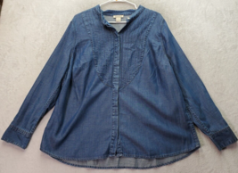 Lucky Brand Chambray Top Women&#39;s Size 1X Blue Long Sleeve Pleated Button Front - £16.57 GBP