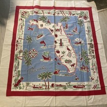 Vtg FLORIDA Souvenir State Cotton Print Tablecloth Mid Century Modern Mcm 53x49 - £47.41 GBP