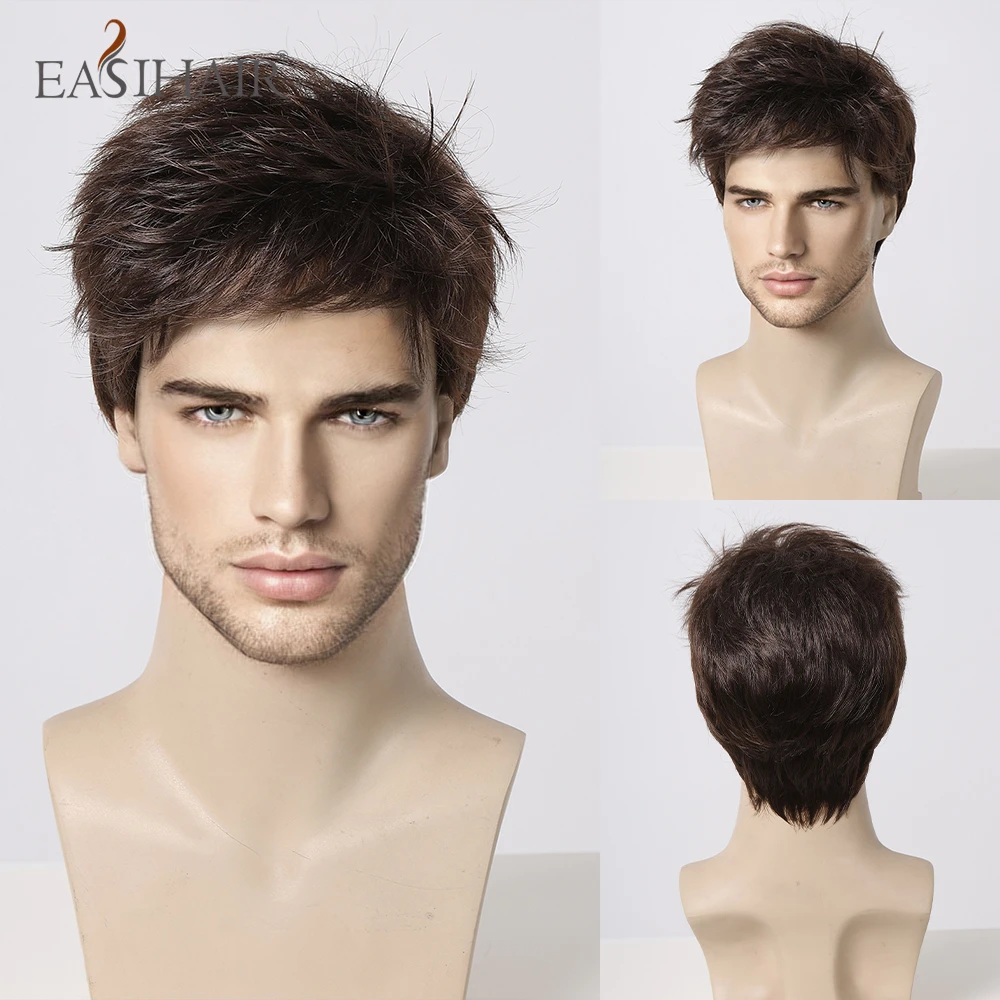Synthetic Men Wigs Short Pixie Cut Mens Hair Wig Natural Wavy Dark Brown B - £23.91 GBP