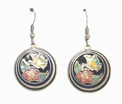Vintage 1976 Enamel Dangle Earrings Floral Design - $7.50 CAD