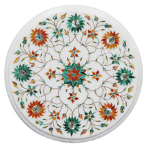 12&quot; White Marble Top Coffee Round Table Malachite Floral Work Inlay Mosaic Decor - £257.89 GBP