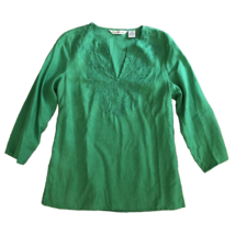 Susan Bristol Linen Tunic Top Women’s Size M Green Embroidery V-neck Cla... - $22.00