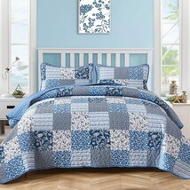 Mybedsoul Blue Boho Quilt Set King Size,3 Pieces Plaid Floral Bedspread ... - $45.92