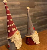 Scandinavian Santa Gnome Figurines Set of 2 White Beard Hat 10" 12" High Resin image 3