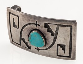 Gorgeous Hopi Sterling Silver Turquoise Belt Buckle Signed Sun Face, 37gr - £308.52 GBP