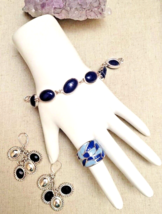 LC Liz Claiborne Silver tone Blue Cabs Bracelet Earring Ring Jewelry Collection - £28.75 GBP