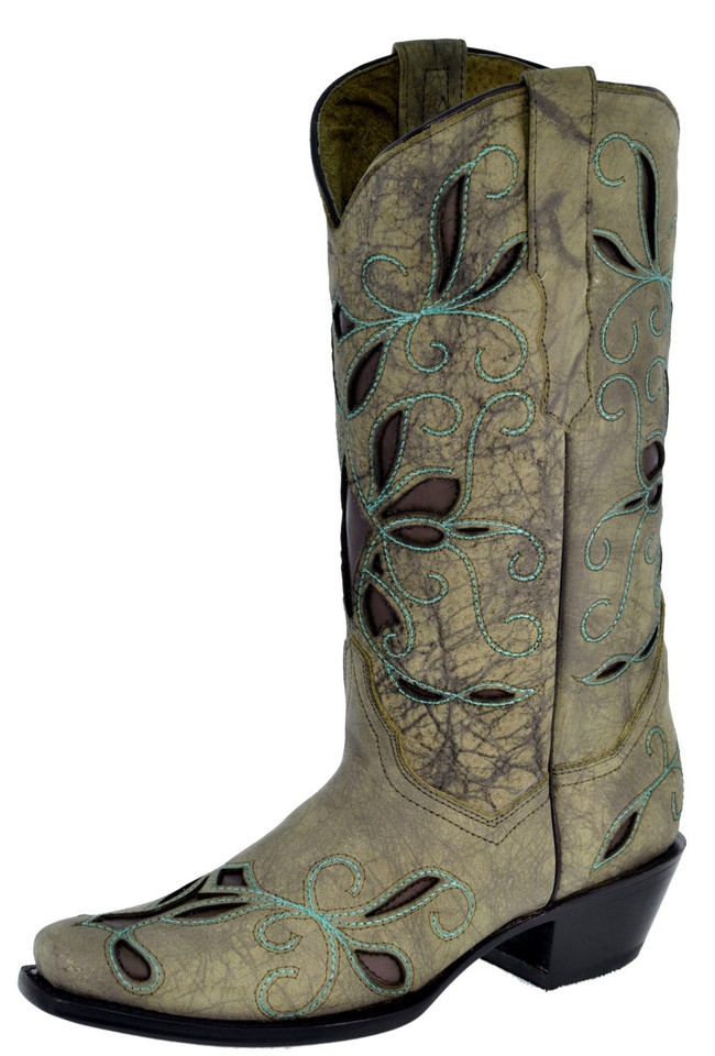 Womens Western Boot Sand Leather Casual Embroidered Inlay Square Toe Siz... - $67.99
