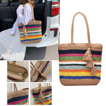HZ-8656 Multi-Color Striped Straw Tote Bag with Tassel - $29.99