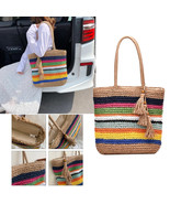 HZ-8656 Multi-Color Striped Straw Tote Bag with Tassel - $29.99