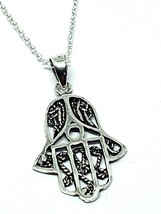 Hamsa Hand Of Fatima Necklace Pendant 18&quot; Chain 925 Sterling Silver Peace Symbol - £18.16 GBP