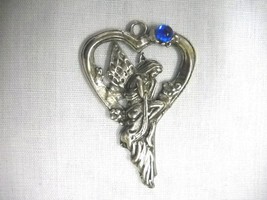 Nymph Fairy In Long Gown On Heart Swing W Navy Blue Gem Pewter Pendant Necklace - £6.79 GBP