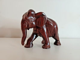 Carved Wooden Elephant Statue Lowered Trunk Dark Mahogany Cherry Color 5.5&quot;x5&quot; - £11.19 GBP