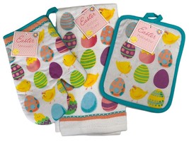 Easter Eggs Spring  Dish Towel Oven Mitt Pot Holder Set of 3 Eggs Egg Bunny - £19.41 GBP