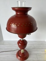 Vintage Colonial Country Red w Gold Accents Tole Hurricane Table Desk Lamp 19” - £44.39 GBP