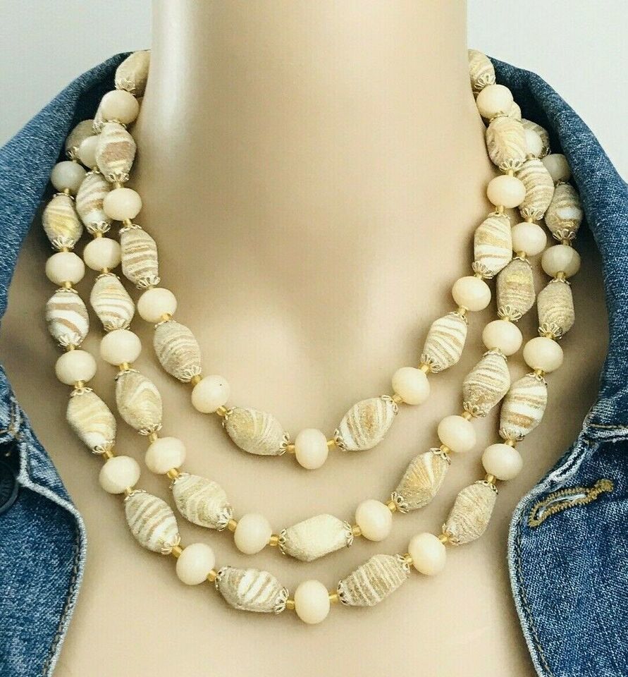 Primary image for Vintage Mid Century Three Strand Gold Beige Necklace West Germany