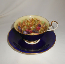 Aynsley Orchard Fruit Cobalt Blue Tea Cup &amp; Saucer Artist Signed D. Jones  - $148.50