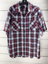 Plains Western Shirt Short Sleeve Pearl Snap Red White Blue Plaid Cowboy Large - £11.19 GBP