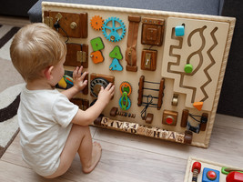 Large colored and wooden toddler busy board, Personalized sensory board - £265.40 GBP