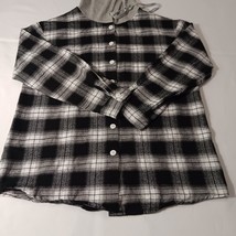 SHEIN Women's Black & White Plaid Flannel Drawstring Hoodie Shirt Jacket Size M image 9