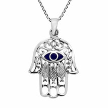 Hamsa Hand with Evil Eye Blue Lapis Inlaid Sterling Silver Necklace - $22.96
