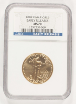 2007 1/2 Oz. G$25 Gold American Eagle Graded by NGC as MS70 Early Releases - £1,324.38 GBP
