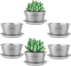 6 Inch Silver Shallow Small Metal Plant Pots With Saucer-6 Pack Medium Metal - £35.58 GBP