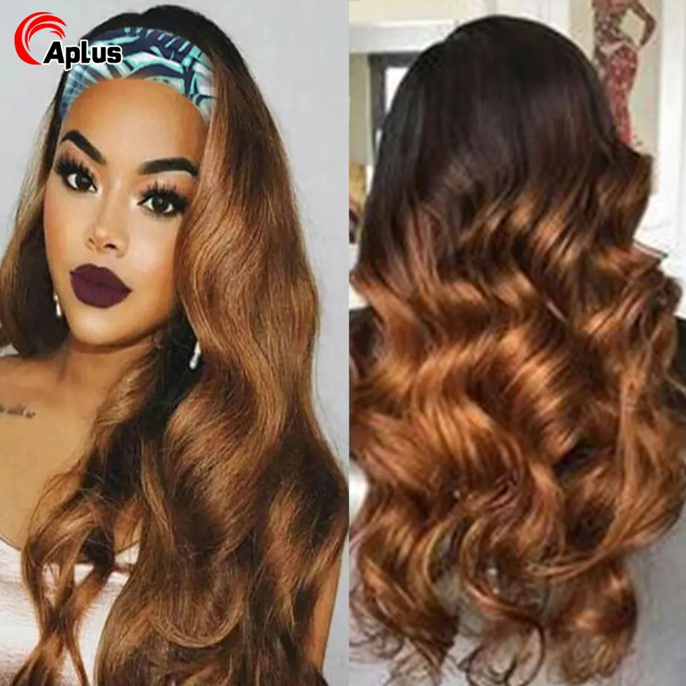Cheap Headband Wig Human Hair Wigs For Women 1B/30 Ombre Brown Body Wave W - £55.01 GBP+