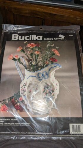 Bucilla Plastic Canvas Vintage Floral Pitcher 6101 Needle Point Stitch 1993 New - $17.81