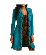 Vintage 90s Scully Turquoise Blue Ruffle Suede Leather Long Jacket size ... - $215.00