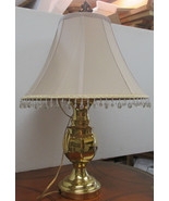 Antique Brass Table Lamp with Fringed Crescent Shade - £31.74 GBP