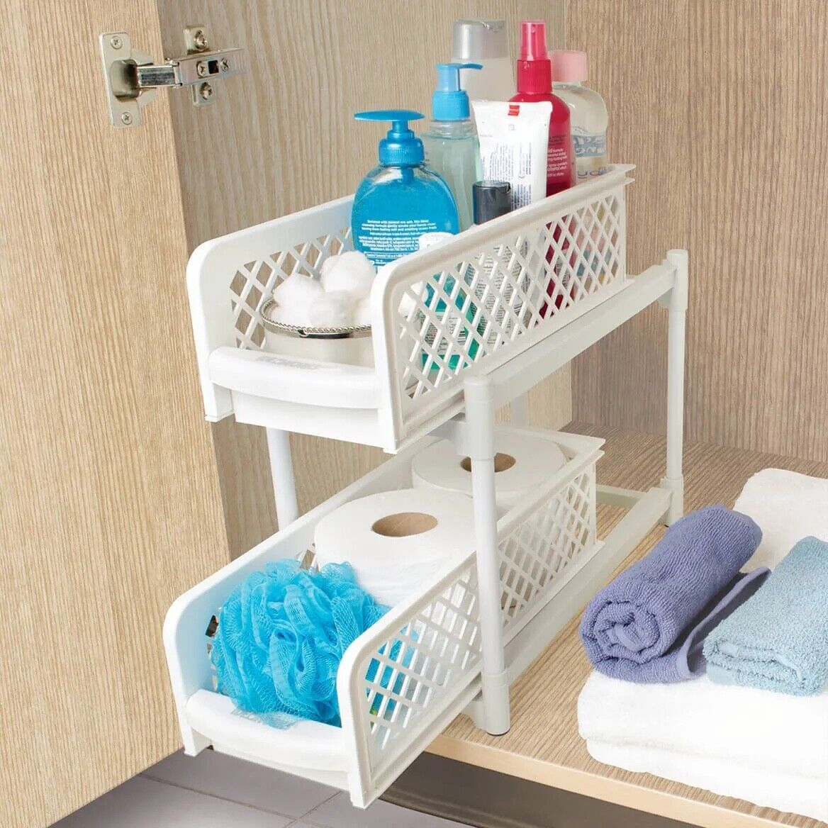 Primary image for 2-Tier Sliding Cabinet Storage Baskets Shelf Organizer Bins Space-Saving White