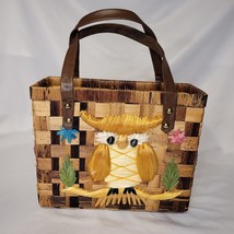 Vintage Brown Tan Checkered Wicker Purse w/Woven Raffia Owl &amp; Floral Pattern - £15.81 GBP