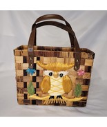 Vintage Brown Tan Checkered Wicker Purse w/Woven Raffia Owl &amp; Floral Pat... - $27.06 CAD