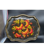 Russian Fruit Hand-Painted Black Oval Metal Tray Tole Shabby Chic 14 x 17.5 - $29.95