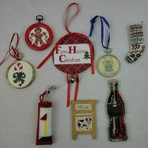 Needlepoint XMAS Ornament Lot 8 Sampler Angel Finished Red Farmhouse Cou... - $17.95