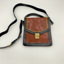 Plato Crossbody Purse Brown Black Faux Leather Suede Lining Vintage Adju... - $39.59
