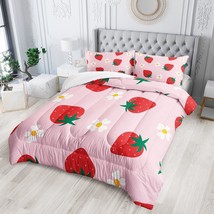 Children Kawaii Bedding,Red Strawberry Decor Comforter Set,For Women Girls Kids  - £72.75 GBP