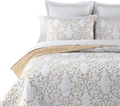 mixinni Quilt King Size Reversible 100% Cotton 3-Piece Beige Embroidery Pattern - £75.13 GBP